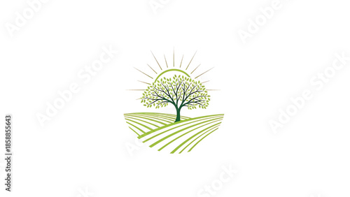Stylized green tree with vibrant leaves rooted in terraced farm fields under a golden sun on white