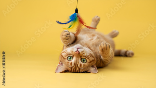 Playful orange tabby kitten lying on its back on a yellow background. Cute ginger cat playing with a colorful feather toy. Upside down portrait of a curious feline with green eyes