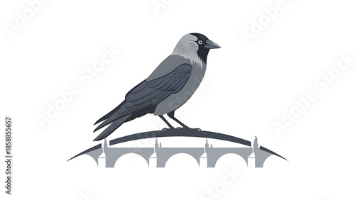 Stylized grey bird perched on a grey arched bridge illustration against a clean white background