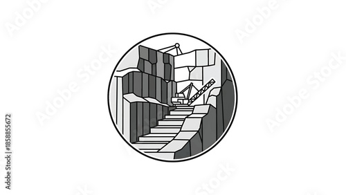 Stylized greyscale line art of a quarry/mine with excavation equipment amidst rock formations in a circle