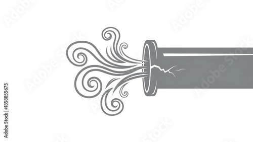 Stylized grey pipe, cracked and emitting swirling grey smoke, set against a clean white background