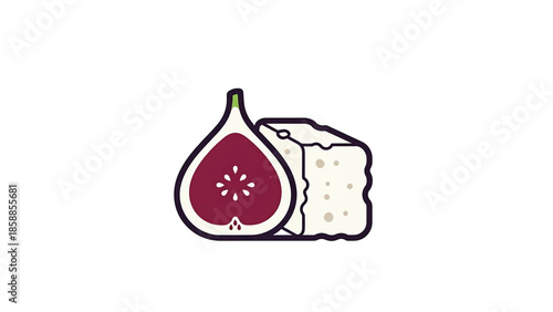 Stylized half fig with deep red flesh and white seeds, paired with a block of porous white cheese