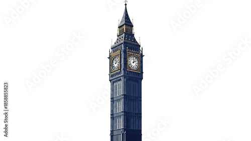 Stylized illustration of a tall, dark blue clock tower with golden accents against a white background