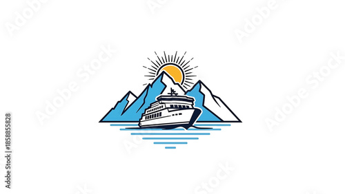 Stylized illustration of a cruise ship sailing on water with mountains and a shining sun in the background
