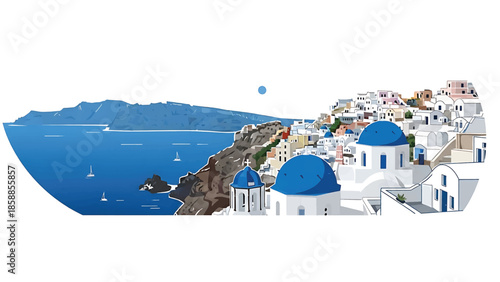 Stylized illustration of a vibrant coastal town with white buildings, blue domes, steep cliffs, and a deep blue sea