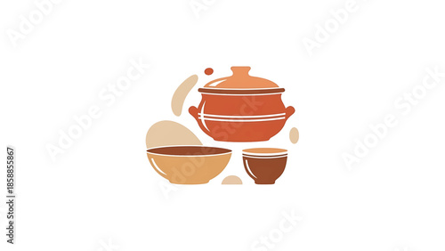 Stylized illustration of terracotta-colored cooking pot, bowls, and abstract shapes on white background