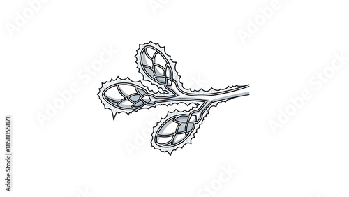 Stylized illustration of three hop cones attached to a branch, featuring spiky outlines and shades of gray