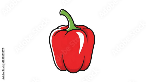Stylized illustration of a vibrant red bell pepper with a green stem on a clean white background