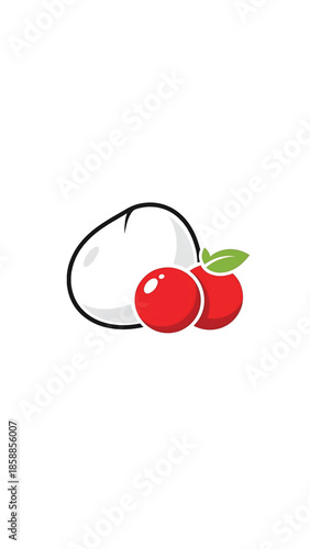 Stylized mozzarella cheese ball with two red tomatoes and green leaves on a pure white background