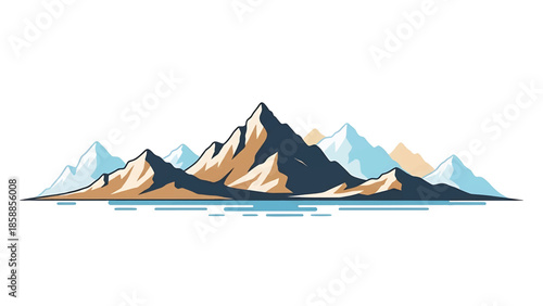 Stylized mountain range with peaks in blue and brown hues, reflected in calm blue water against a white background