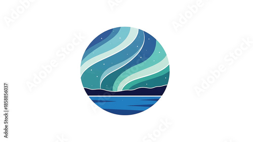 Stylized northern lights arc over a calm body of water within a circular frame, set against white