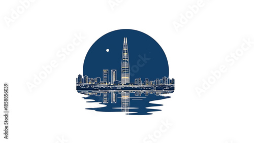 Stylized night cityscape with a towering skyscraper and other buildings reflecting on water under a moonlit sky
