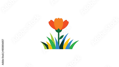 Stylized orange flower with green stem growing from a vibrant patch of multi-colored grass on white