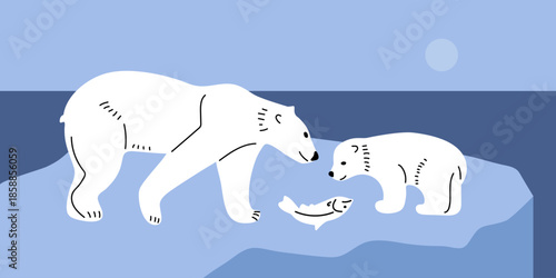 Polar bear training baby bear to hunt fish in Arctic Ocean. Feeding cub. Bear standing on ice floe. Wildlife conservation. Vector illustrations of Wild animal of Arctic Circle in flat style