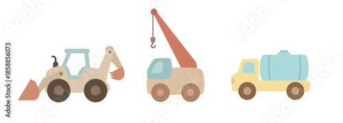 A collection of cute and child-friendly illustrations featuring construction vehicles, machines, tools, and materials. Designed in a soft flat cartoon style with pastel colors and rounded shapes