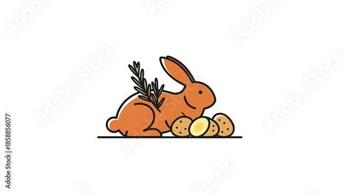 Stylized orange rabbit with a sprig of rosemary on its back, beside a small pile of potatoes