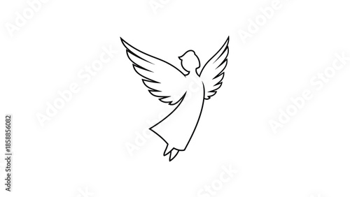 Stylized outline drawing of a gracefully flying angel with spread wings on a plain white background
