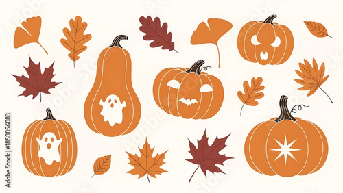 Stylized orange pumpkins, some with ghost, bat, or star cutouts, and autumn leaves on a light background
