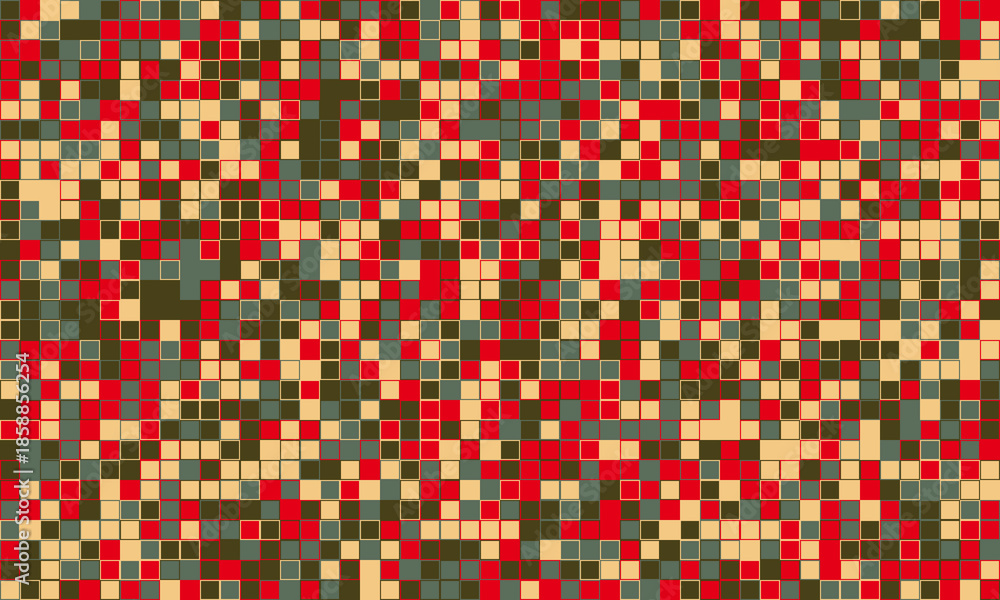 Fototapeta premium Abstract geometric mosaic pattern. Vibrant red, beige, grey, and dark green squares create a dynamic, textured background ideal for websites, presentations, and textile designs.