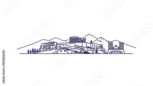 Stylized vector illustration of an ancient city skyline with classical architecture on a rocky hill