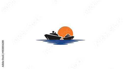Stylized vector illustration of two black ships on blue water with an orange sun, symbolizing travel