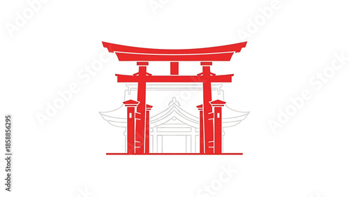 The image features a bold red Japanese torii gate icon with a subtle grey temple outline in the background