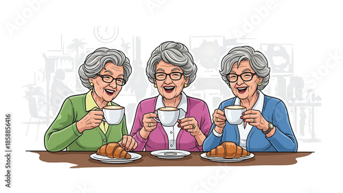 Three cheerful elderly women enjoying coffee and croissants together, sharing laughter at a table