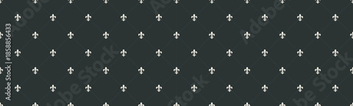 Elegant dark gray background with a repeating pattern of silver fleurdelis symbols arranged in a diamond grid. This sophisticated design evokes feelings of royalty, heritage, and classic style.