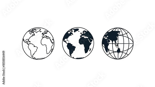 Three distinct black and white globe icons, illustrating different representations of Earth's continents and grid