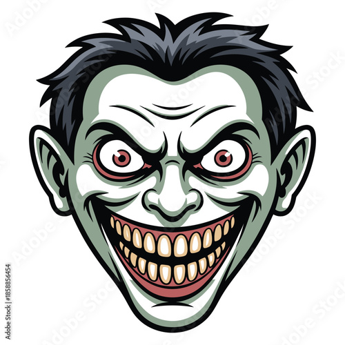 Cartoon scary face with evil grin and red eyes in vector illustration with halloween character face and spooky grimace for halloween costume