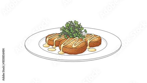 Three golden-brown fried patties drizzled with light yellow sauce and garnished with microgreens on a white plate
