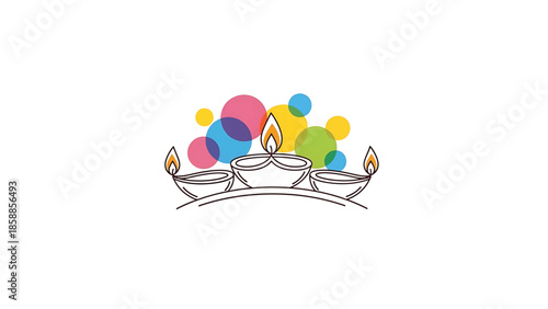 Three outline oil lamps with bright flames and overlapping colorful abstract circles on a white background