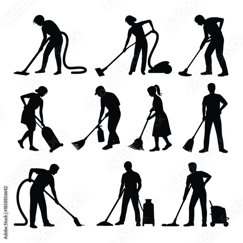 Collection of cleaning silhouette on white background people with various cleaning tools vacuum cleaner floor cleaner broom cleaning woman cleaning man cleaning