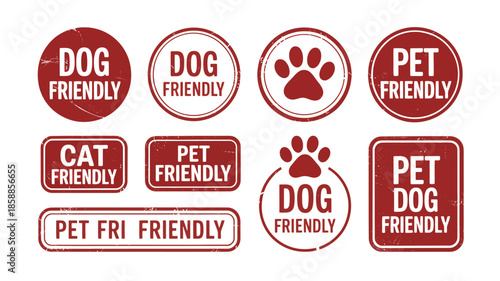 Pet friendly labels in red grunge texture with dog and cat icons for hospitality industry