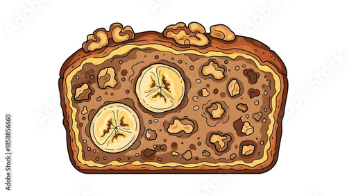 Top-down view of a delectable, freshly baked loaf of banana bread with sliced bananas and walnuts