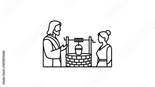 Two figures, a man with a beard and a woman, stand beside a stone well with a hanging bucket