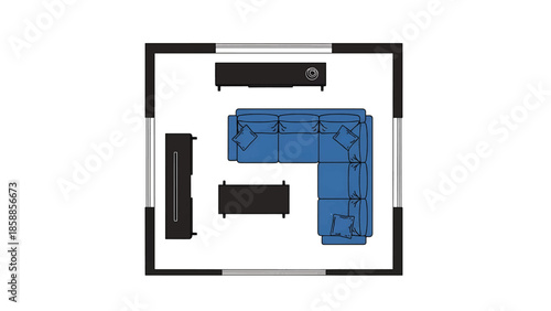 Top-down view of a modern living room floor plan with a blue L-shaped sofa and various furniture pieces