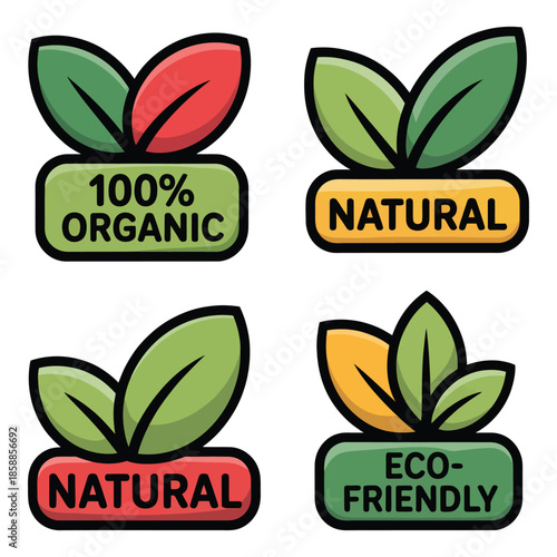 Collection of organic natural eco friendly badges with leaves for healthy food vegetarian products and cosmetic isolated on white background vector design