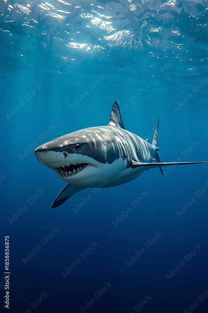 Fototapeta premium Great white shark swimming in blue ocean reef water undersea with coral and fish predators