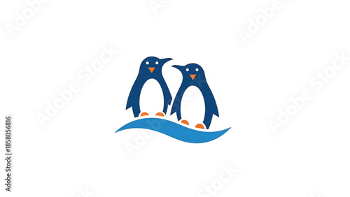 Two stylized blue penguins with orange accents stand side-by-side on a gentle blue wave on a white background