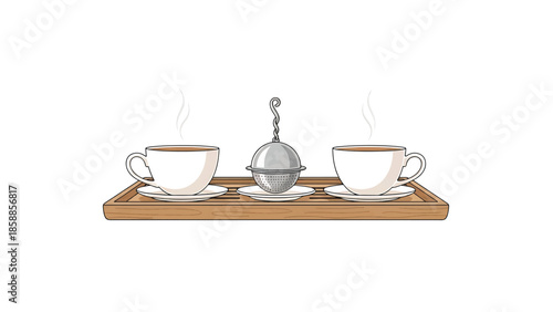 Two steaming cups of tea and a tea infuser on a wooden serving tray, against a white background
