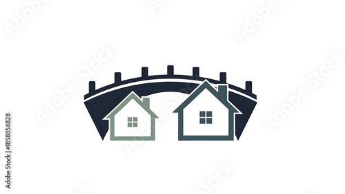 Two simple house outlines with windows, connected by a dark bridge structure, on a white background