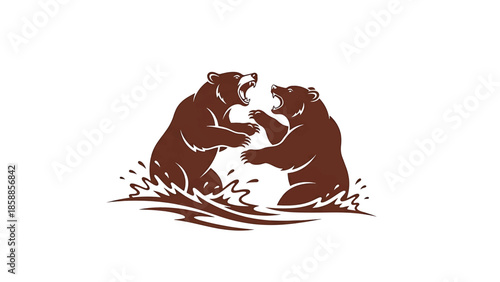 Two stylized brown bears roaring and fighting in splashing water, symbolizing strength and confrontation