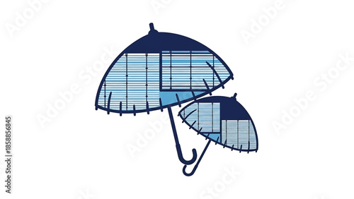 Two stylized blue umbrellas, one large and one small, featuring internal linear patterns and hook handles