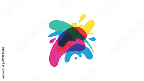 Vibrant abstract overlapping translucent liquid splatters in multiple colors creating a dynamic fluid shape