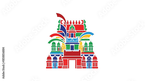 Vibrant, abstract illustration of a multi-tiered architectural structure resembling a temple gateway, on white