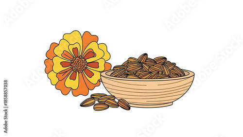 Vibrant orange and yellow bloom next to a wooden bowl overflowing with textured almond-like seeds