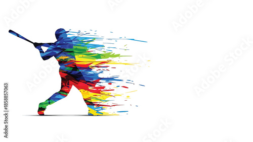 Vibrant paint splatter silhouette of a baseball player swinging a bat, dissolving into colorful abstract strokes