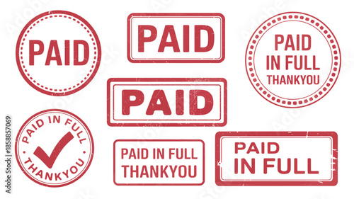 Red Paid Stamps in Various Shapes and Textures on White Background in Bold Typography for Official Documents