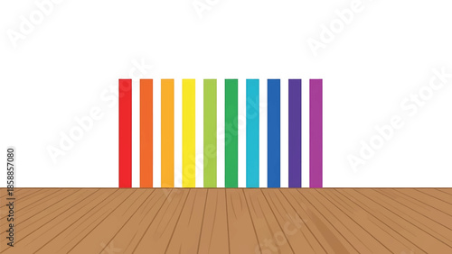 Vibrant rainbow-colored vertical stripes line a white wall above a textured brown wooden floor